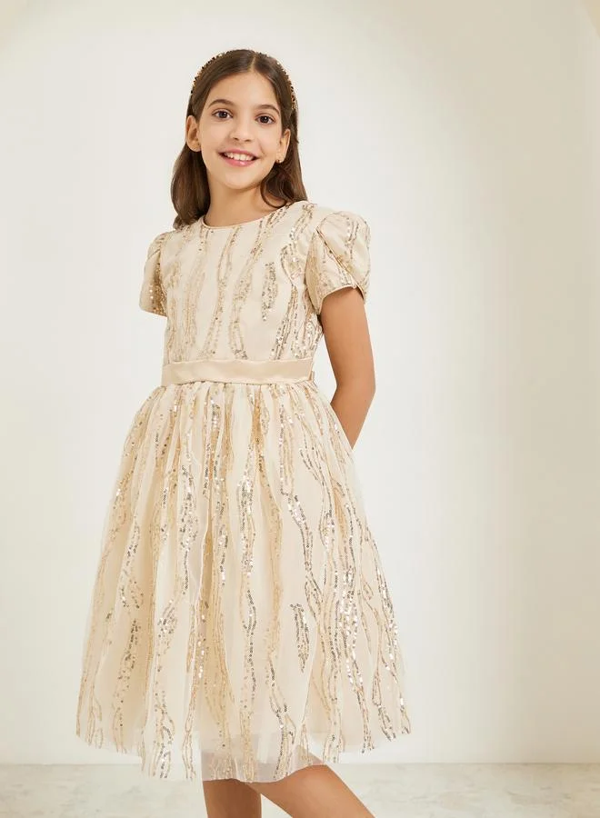 Styli Girls Gold Sequin Belted Short Sleeve Dress